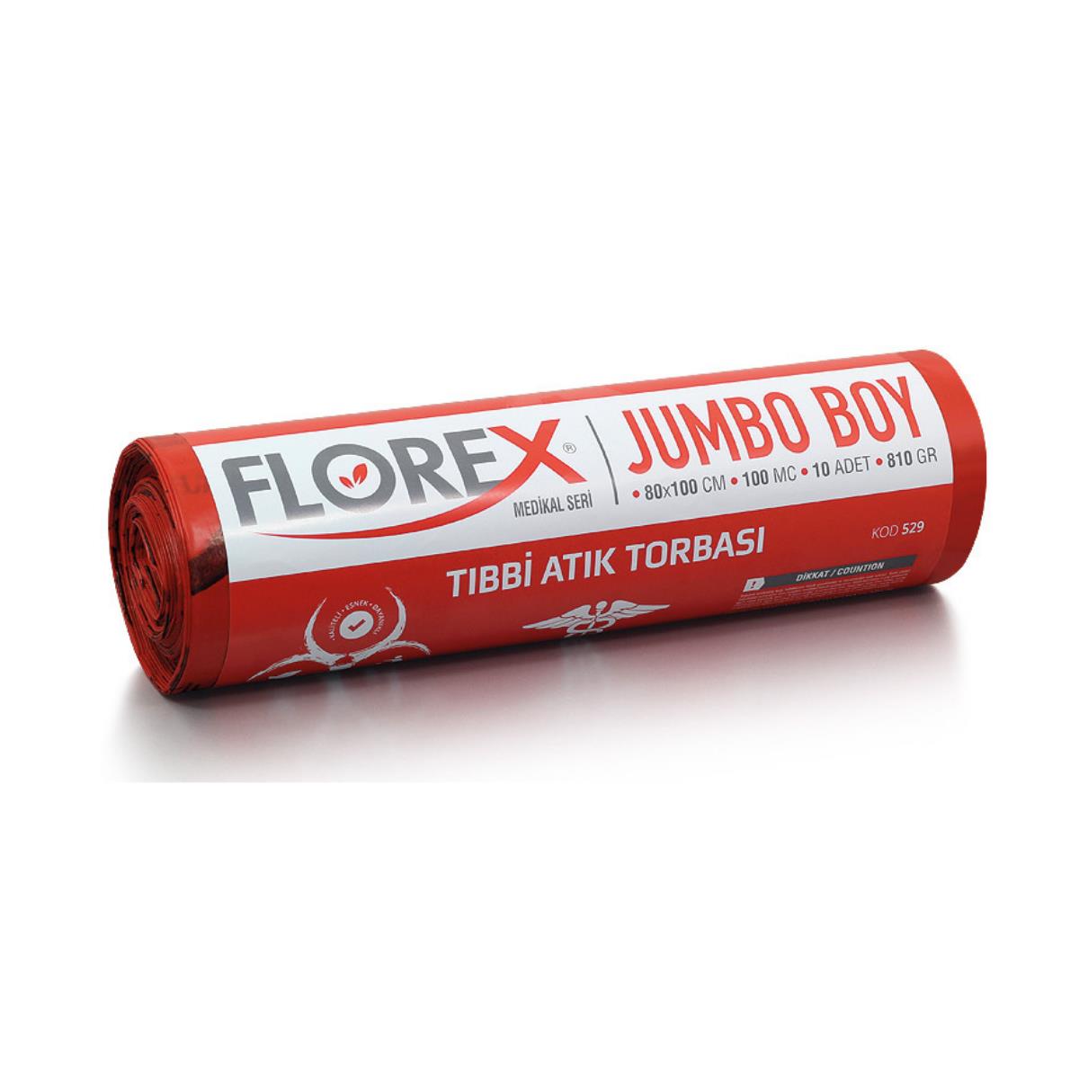 FLOREX - Tıbbi Atık Çöp Poşeti Jumbo 80X110 Baskılı Kırmızı 10 Yaprak - 1 Rulo