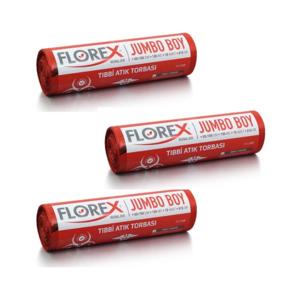 FLOREX - Tıbbi Atık Çöp Poşeti Jumbo 80X110 Baskılı Kırmızı 10 Yaprak - 3 Rulo