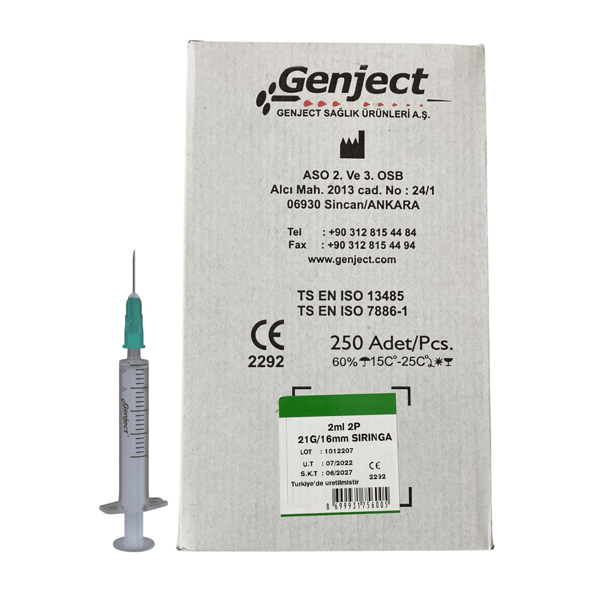 GENJECT - 2 Ml 2PARÇA Yeşil Kısa İğneli 16MM Veteriner Enjektörü - 250 Adet