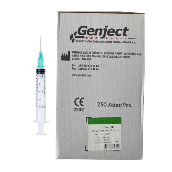 GENJECT - 2 Ml 3PARÇA Yeşil Kısa İğneli Enjektör Veteriner - 250Lİ