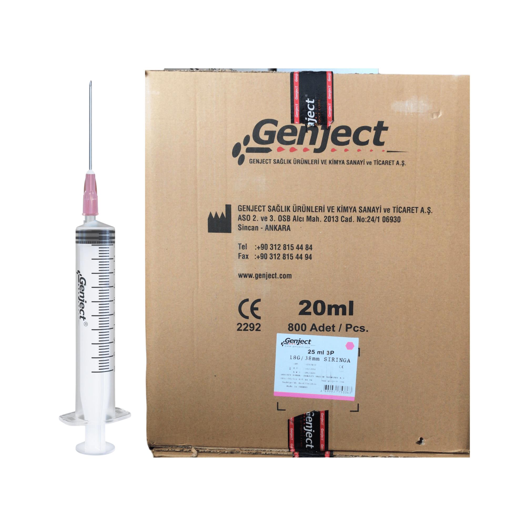 GENJECT - 20 Ml 3PARÇA Pembe İğneli Enjektör Veteriner - 800 Adet